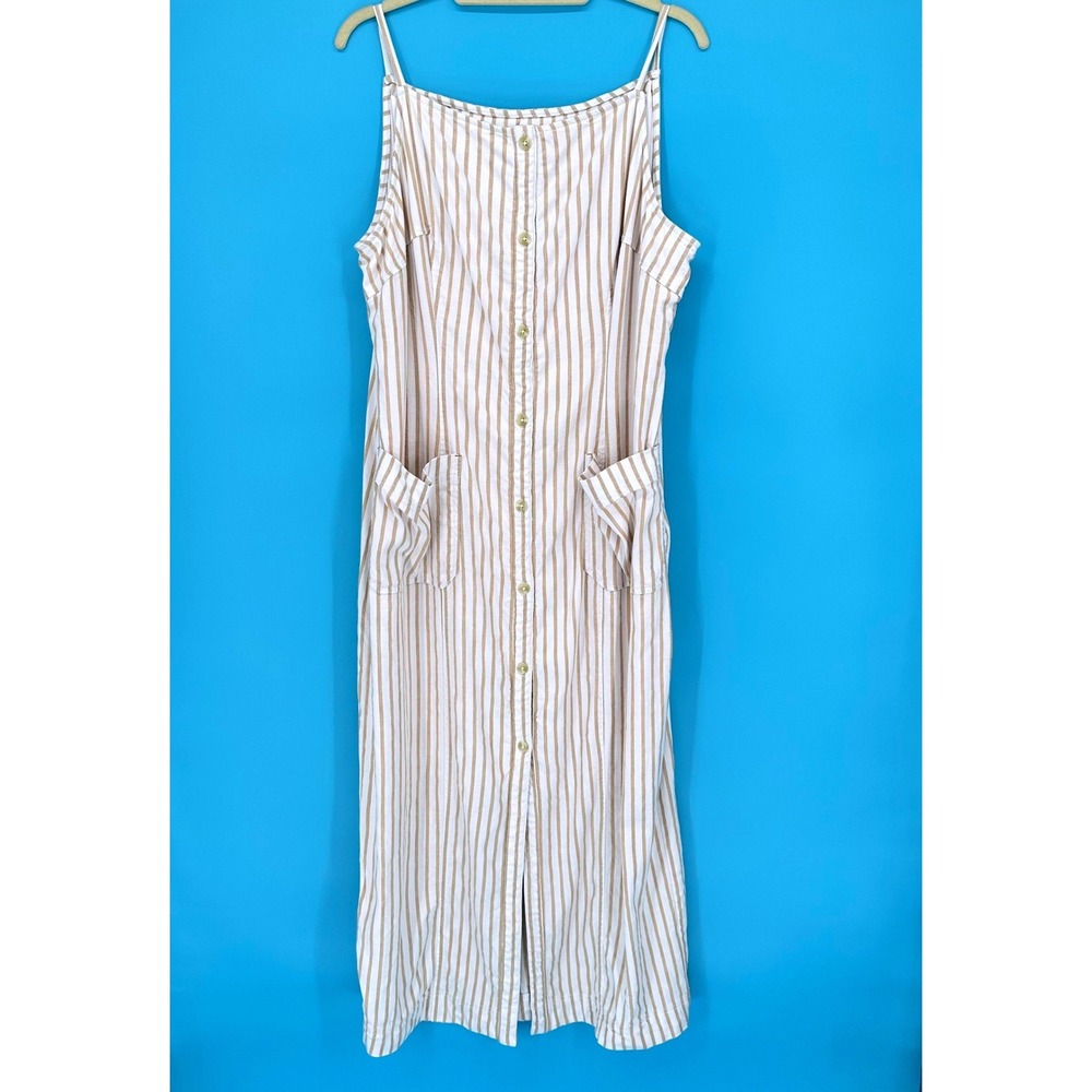 Maeve Anthropologie Tan White Striped Linen Blend Button Front Midi Dress 1X